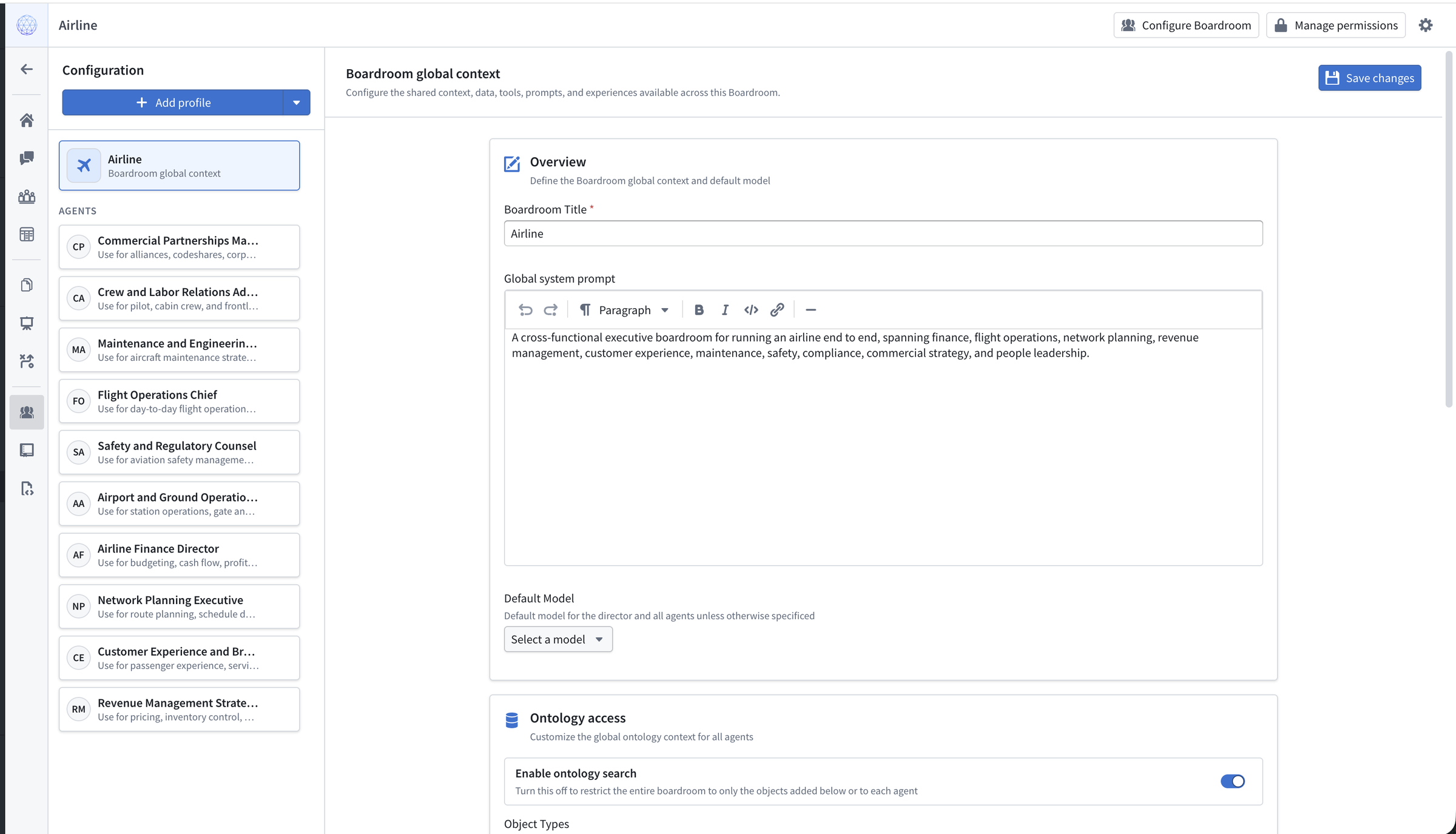 The configuration page for a boardroom displays the global system prompt, default model, Ontology access, and agent profiles.