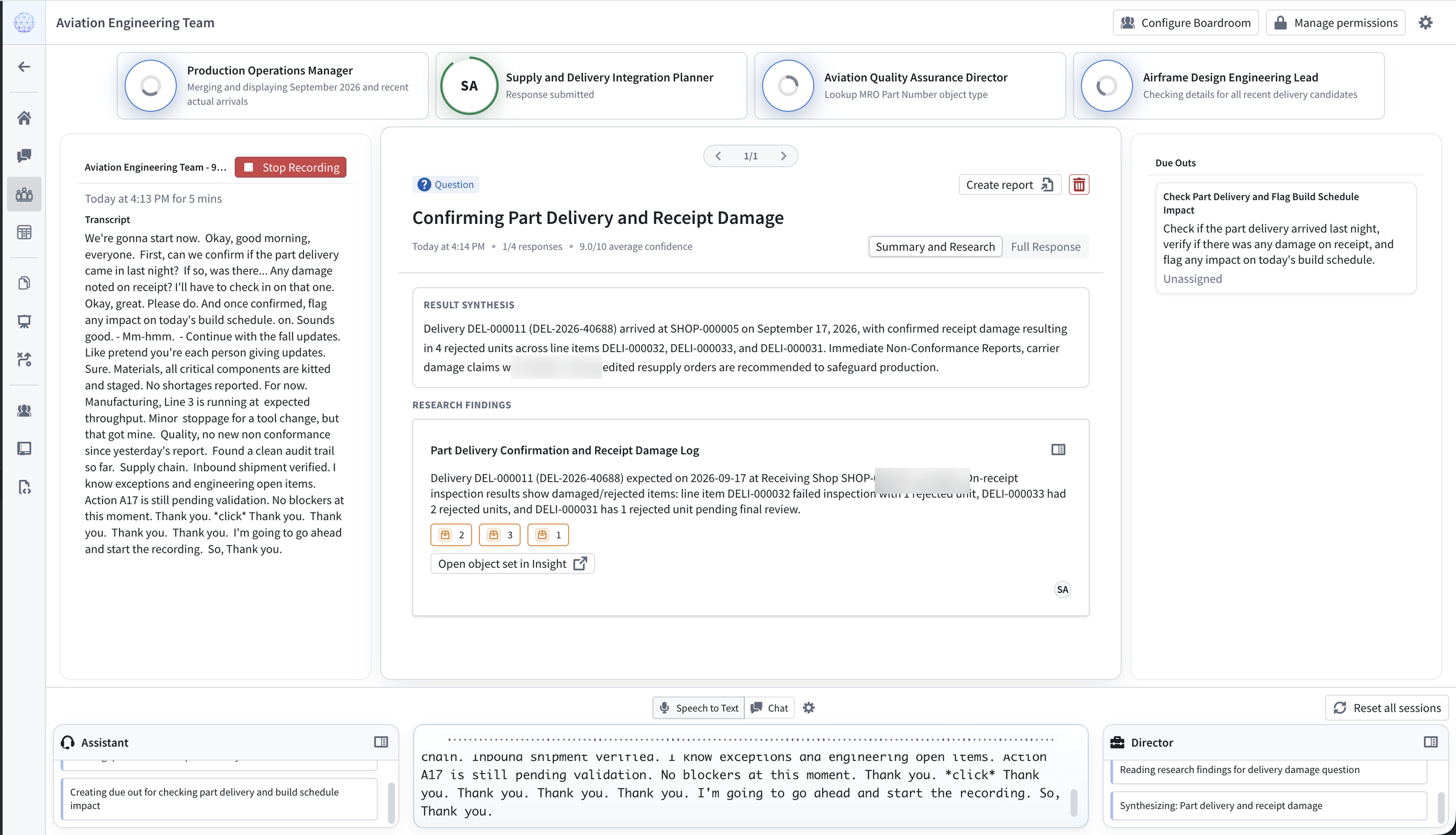A Panel session in a boardroom displays a live transcript, a synthesized answer with research findings, and a generated action item.