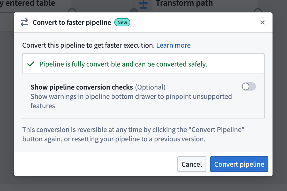 The dialog shows a successful conversion to a Faster pipeline with a confirmation message.