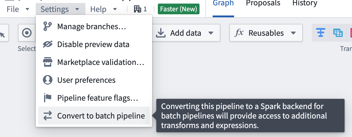 Screenshot of pipeline settings "Convert to batch pipeline" option