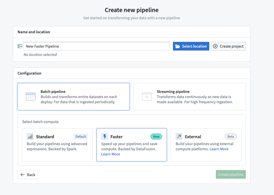 Screenshot of Pipeline selection