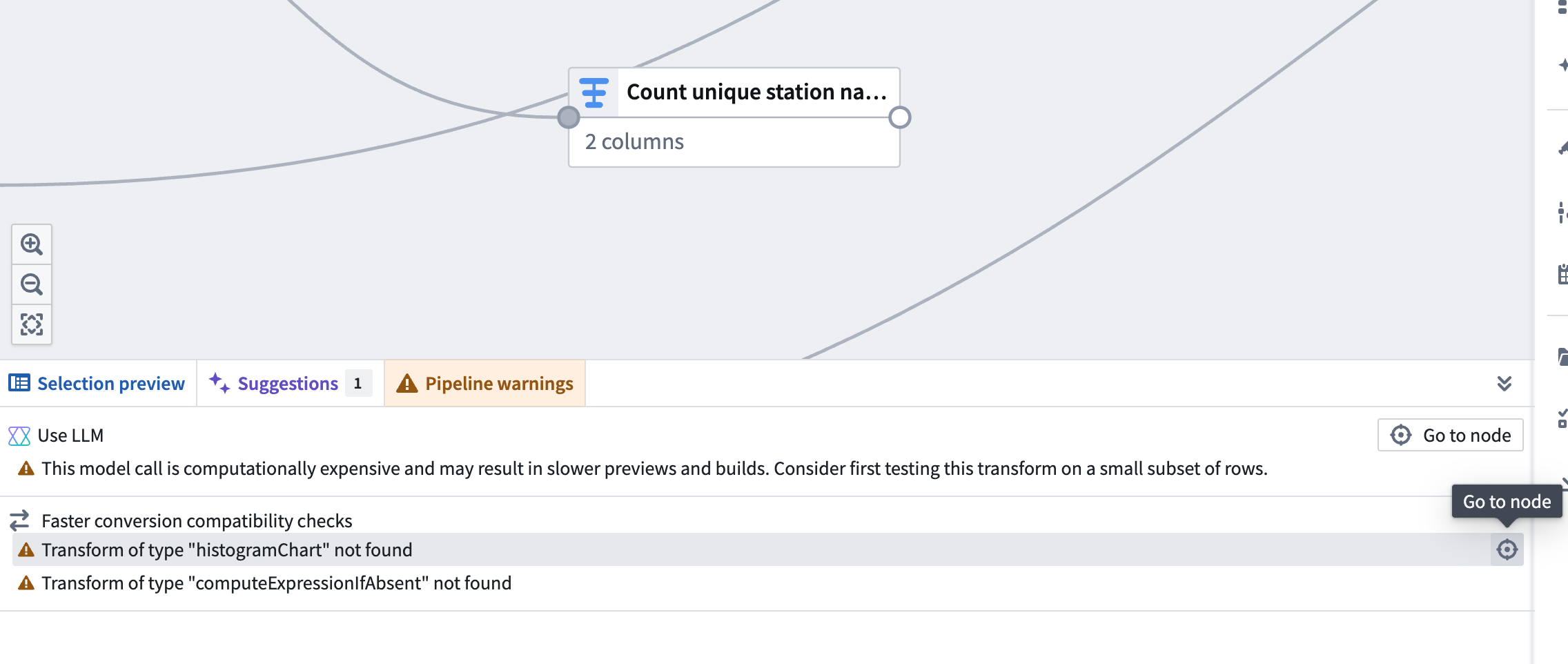 The Pipeline warnings bottom panel with the Faster conversion compatibility checks section.