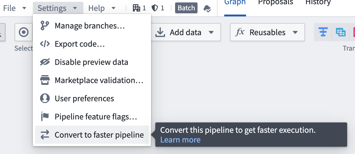 Screenshot of pipeline settings "Convert to faster pipeline" option