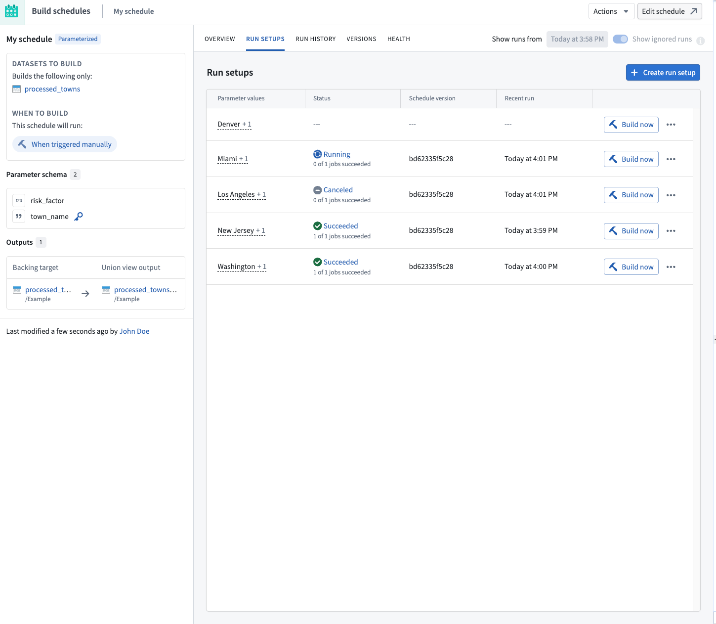 The Build Schedules application displays the Run setups tab with several run setup rows.