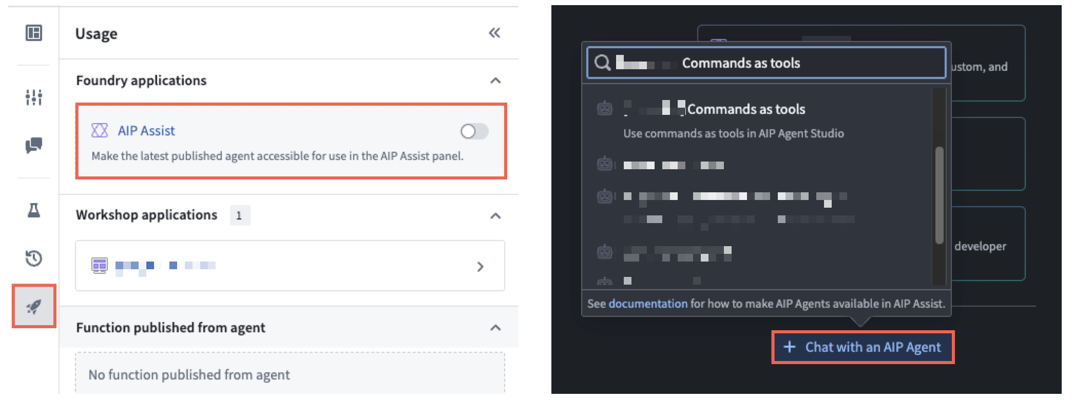 A user toggles on AIP Assist in AIP Chatbot Studio before selecting their chatbot in an AIP Assist chat panel.
