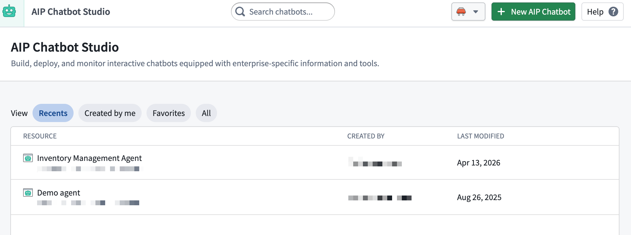 AIP Chatbot Studio landing page with New AIP Chatbot option.