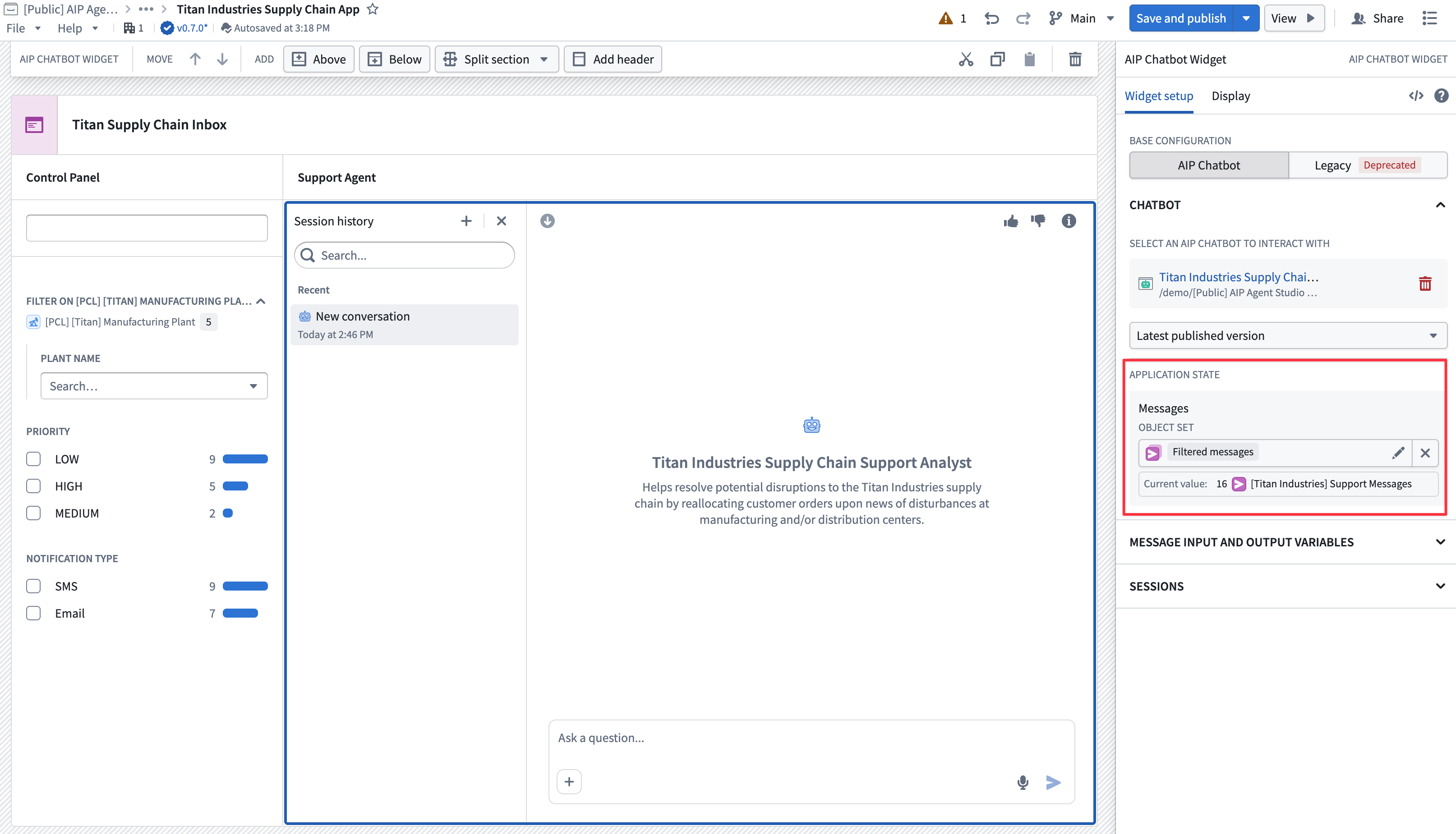 Configure an AIP Chatbot's application variables to Workshop variables in the chatbot's application state section.