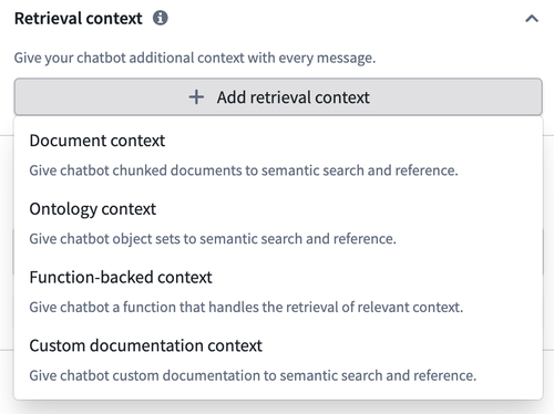Retrieval context options shown in AIP Chatbot Studio edit mode.