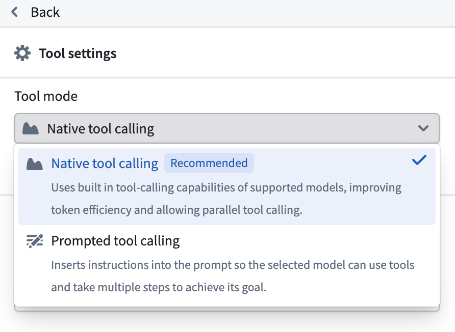 Tool mode selection in edit mode in AIP Chatbot Studio, with prompted tool calling and native tool calling modes available for selection.
