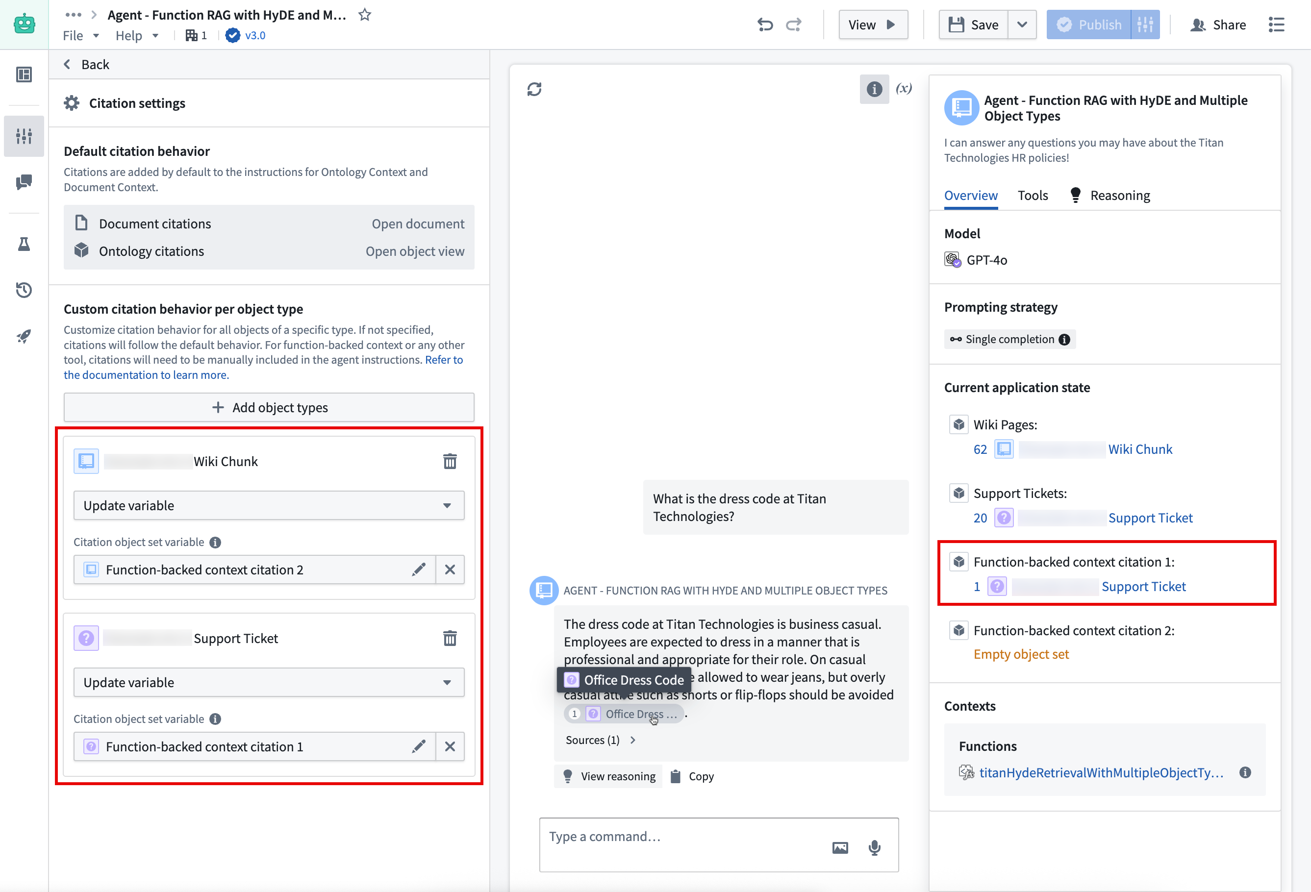 A screenshot of the citation settings with two object types overridden to support updating a variable.