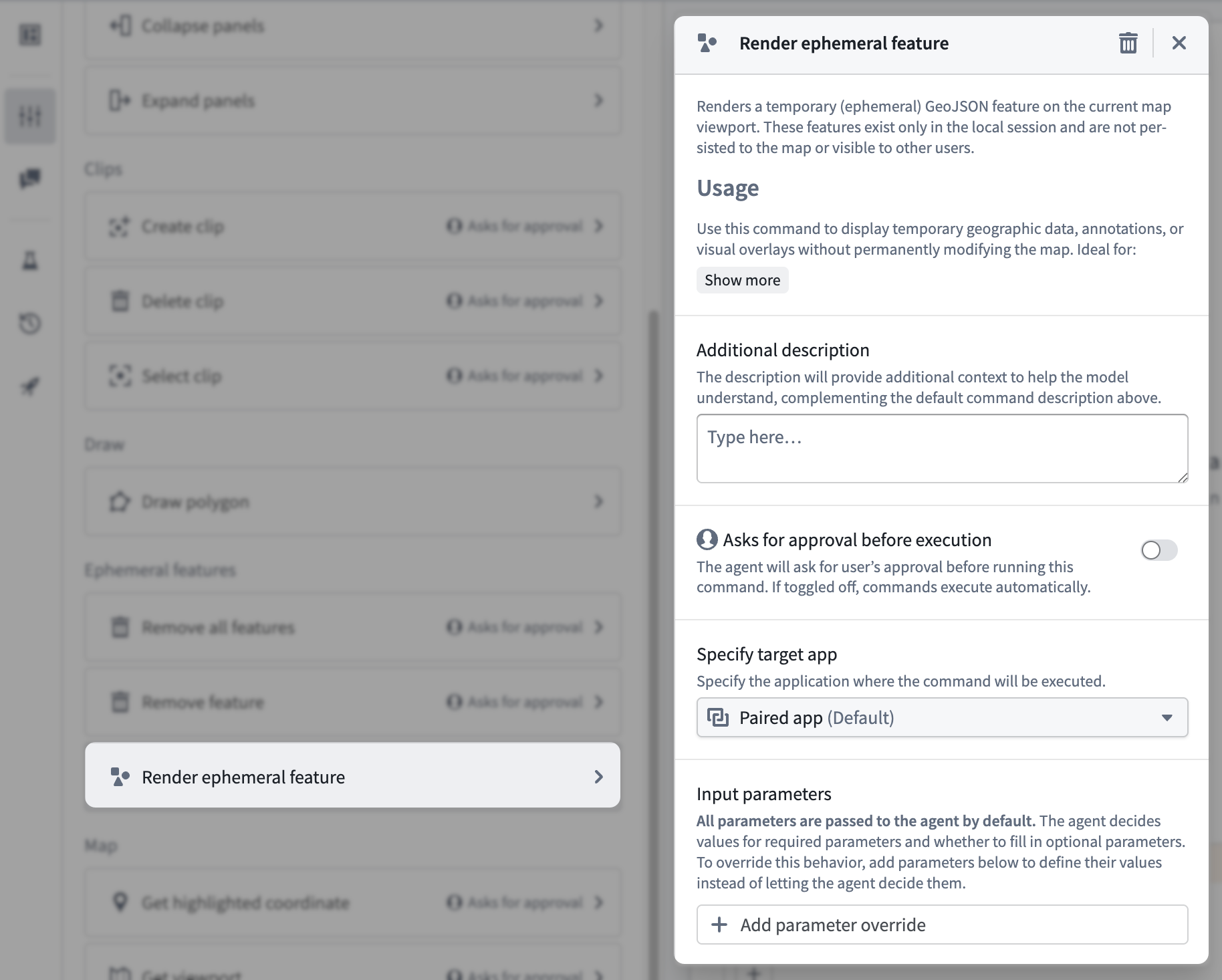 The Render ephemeral feature command tool displays its additional configuration documentation.