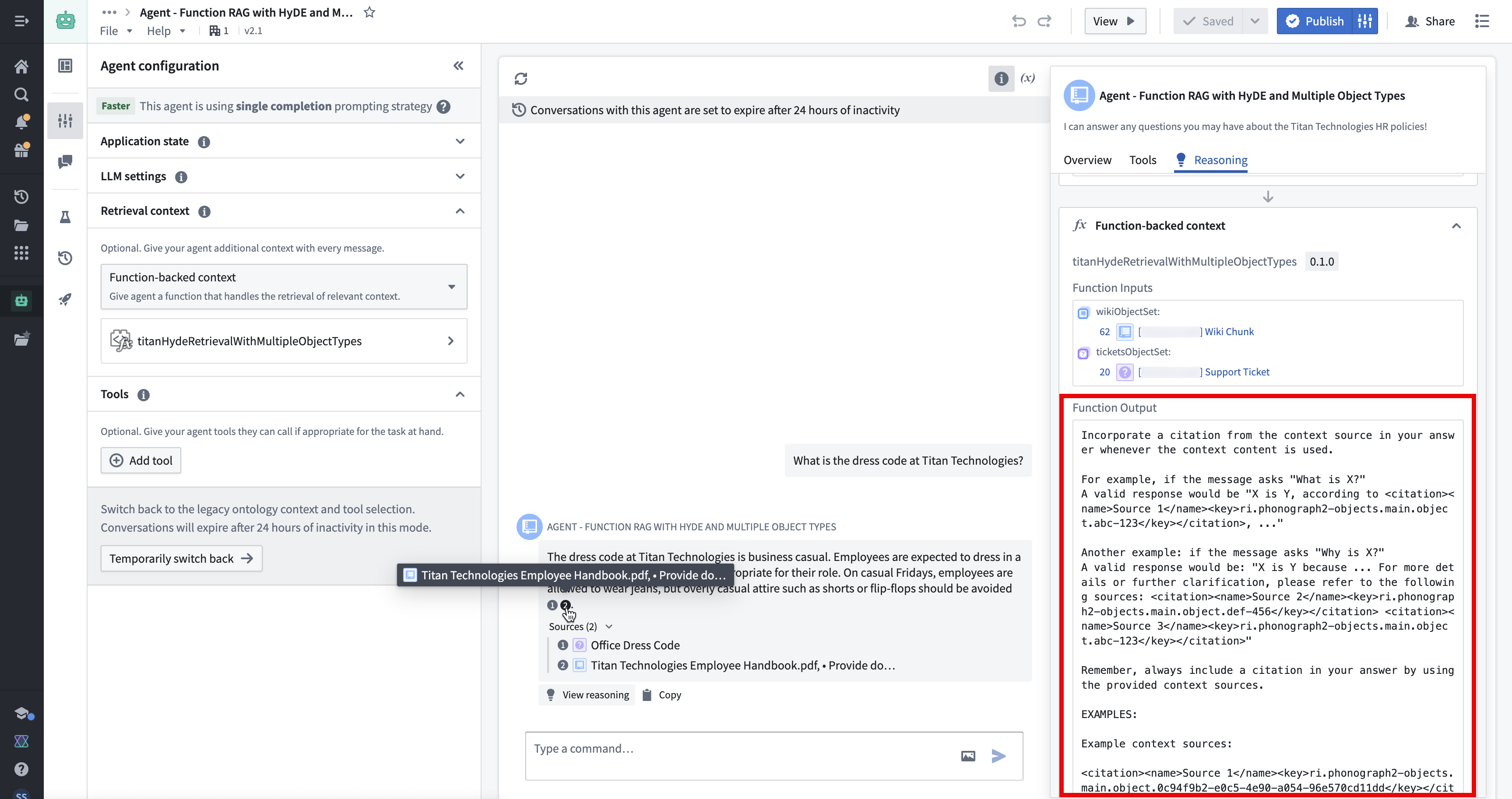 A screenshot of the a custom prompt used to output citations from the function-backed context