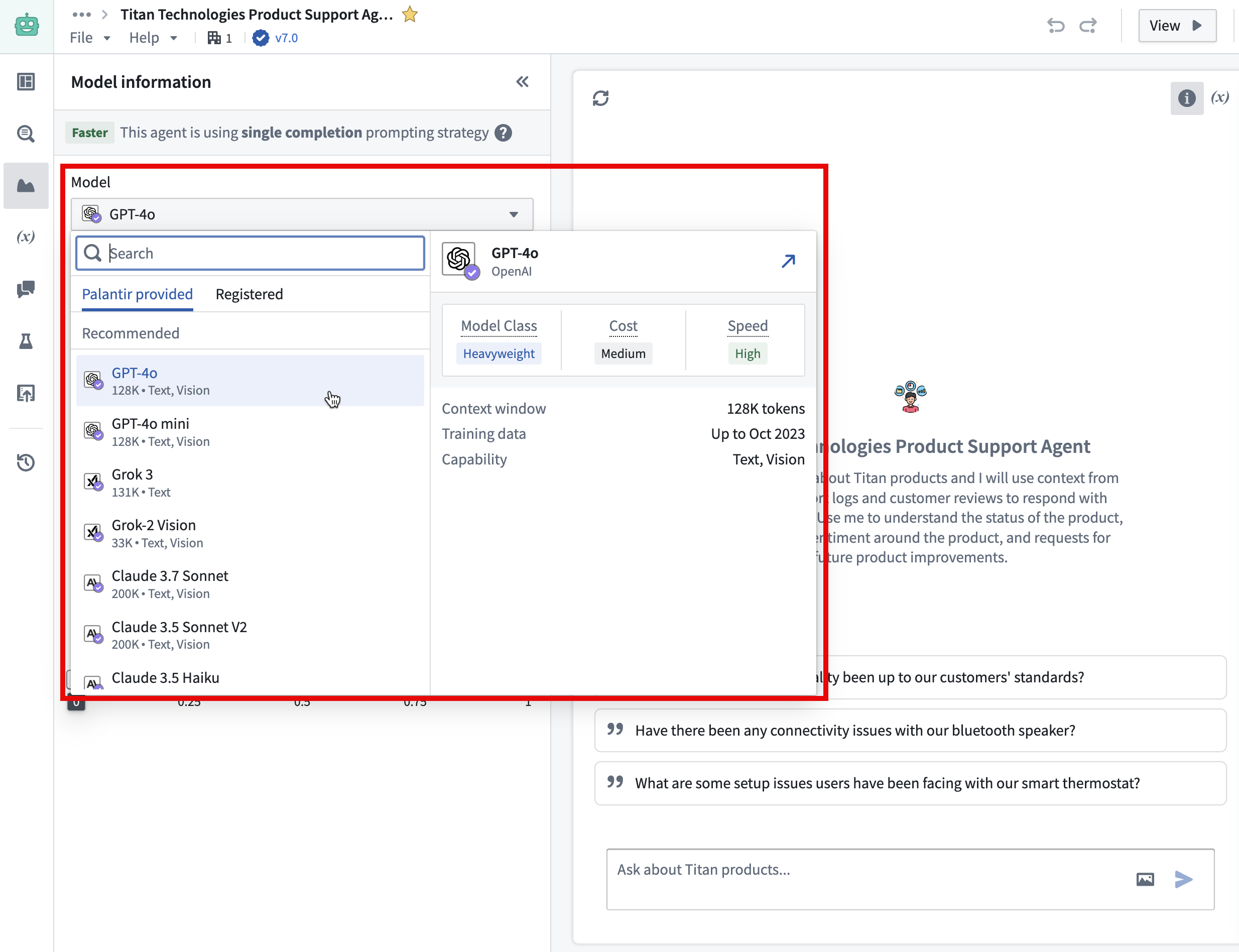 AIP Chatbot Studio edit view, highlighting option to change the model.