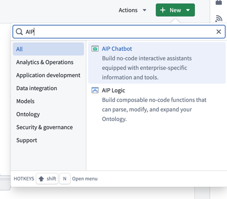 Create new AIP Chatbot window.