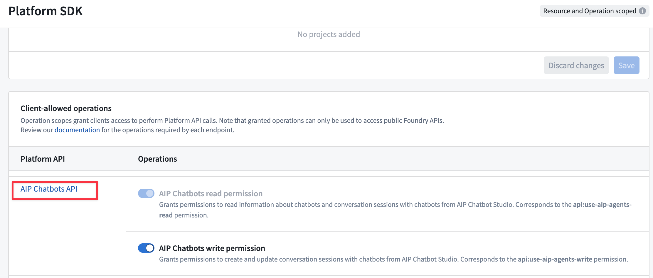 Enable the AIP Chatbot API operations in the Client allowed operations table.