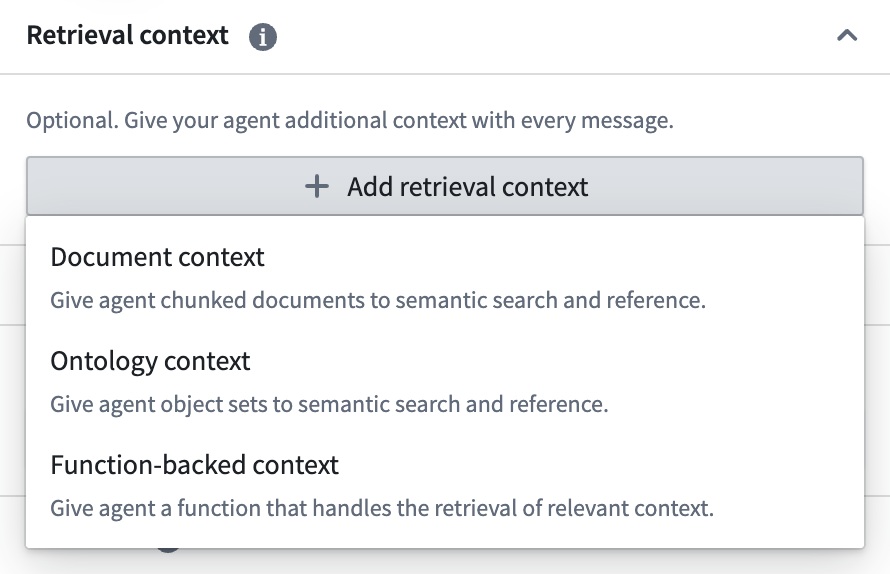 AIP Chatbot Studio编辑模式中显示的检索上下文选项。