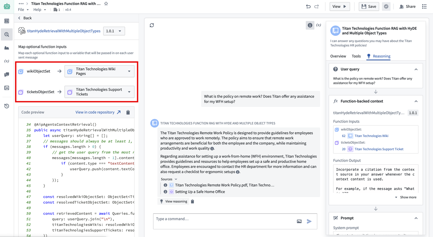 A screenshot of AIP Chatbot Studio edit page with the retrieval function input mapping.