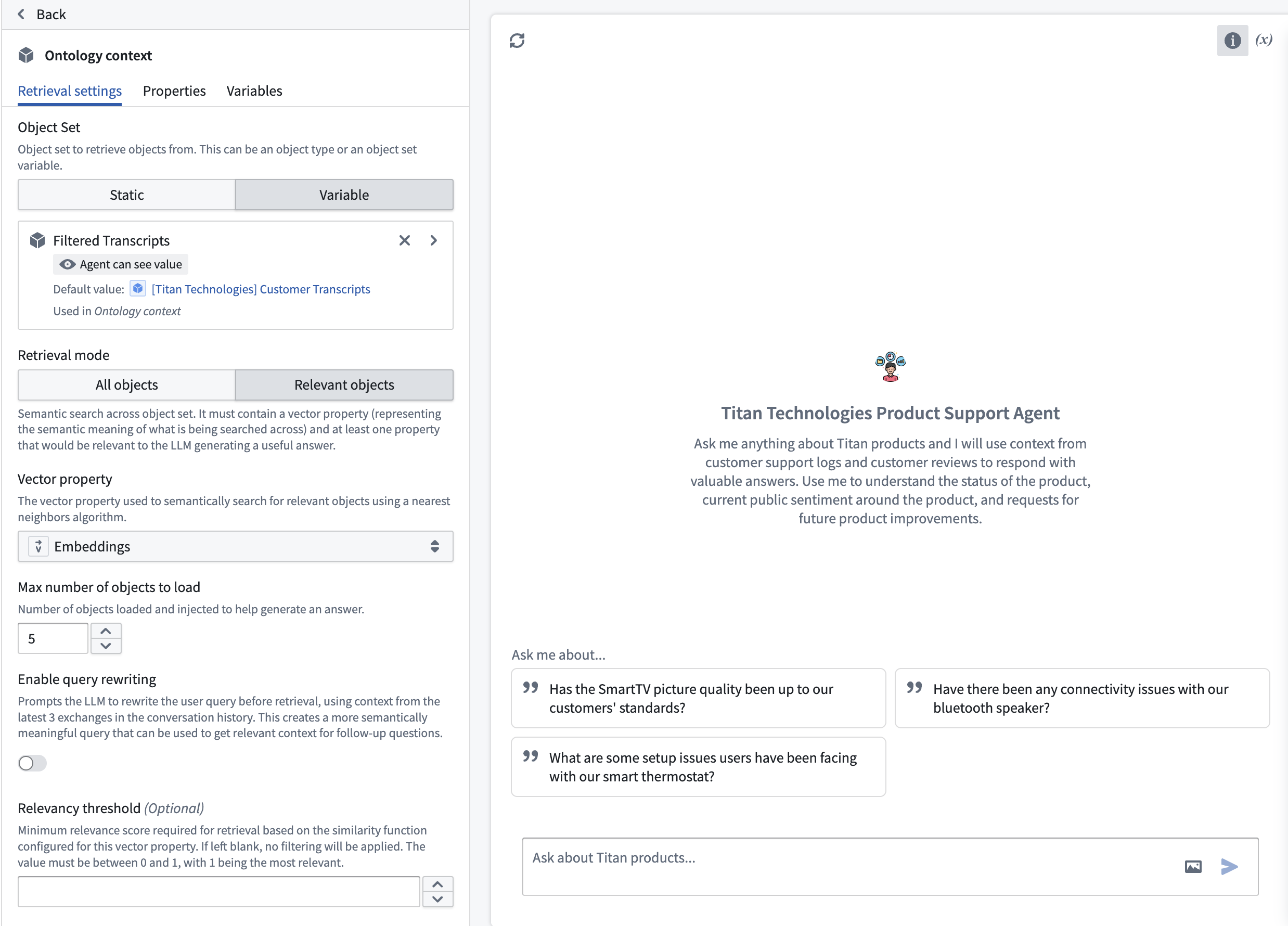 An example of Ontology context configuration in AIP Chatbot Studio edit mode.