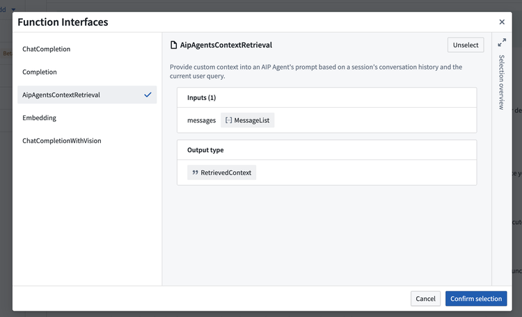 The function interfaces dialog in Code Repositories