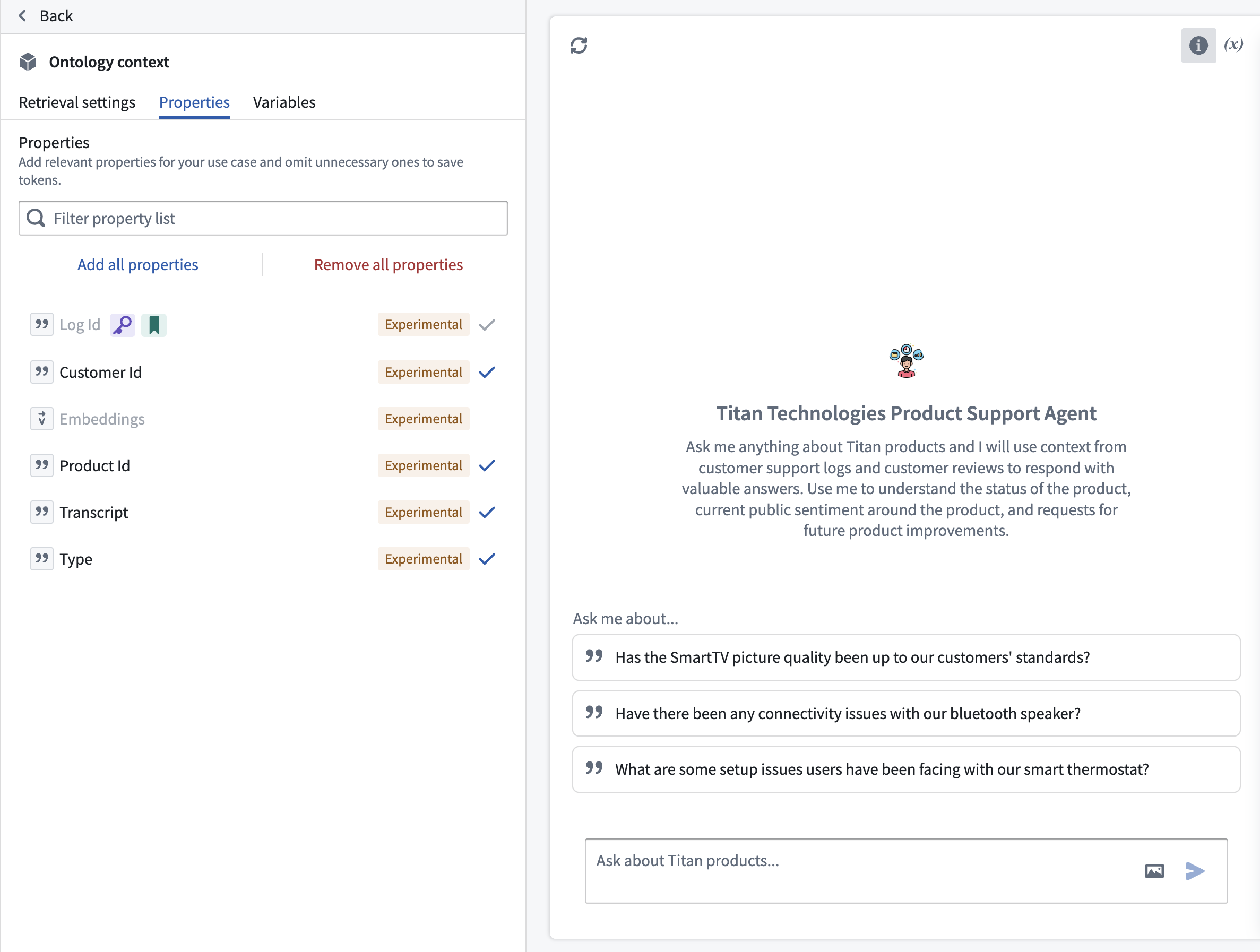 An example of Ontology context property configuration in AIP Chatbot Studio edit mode.