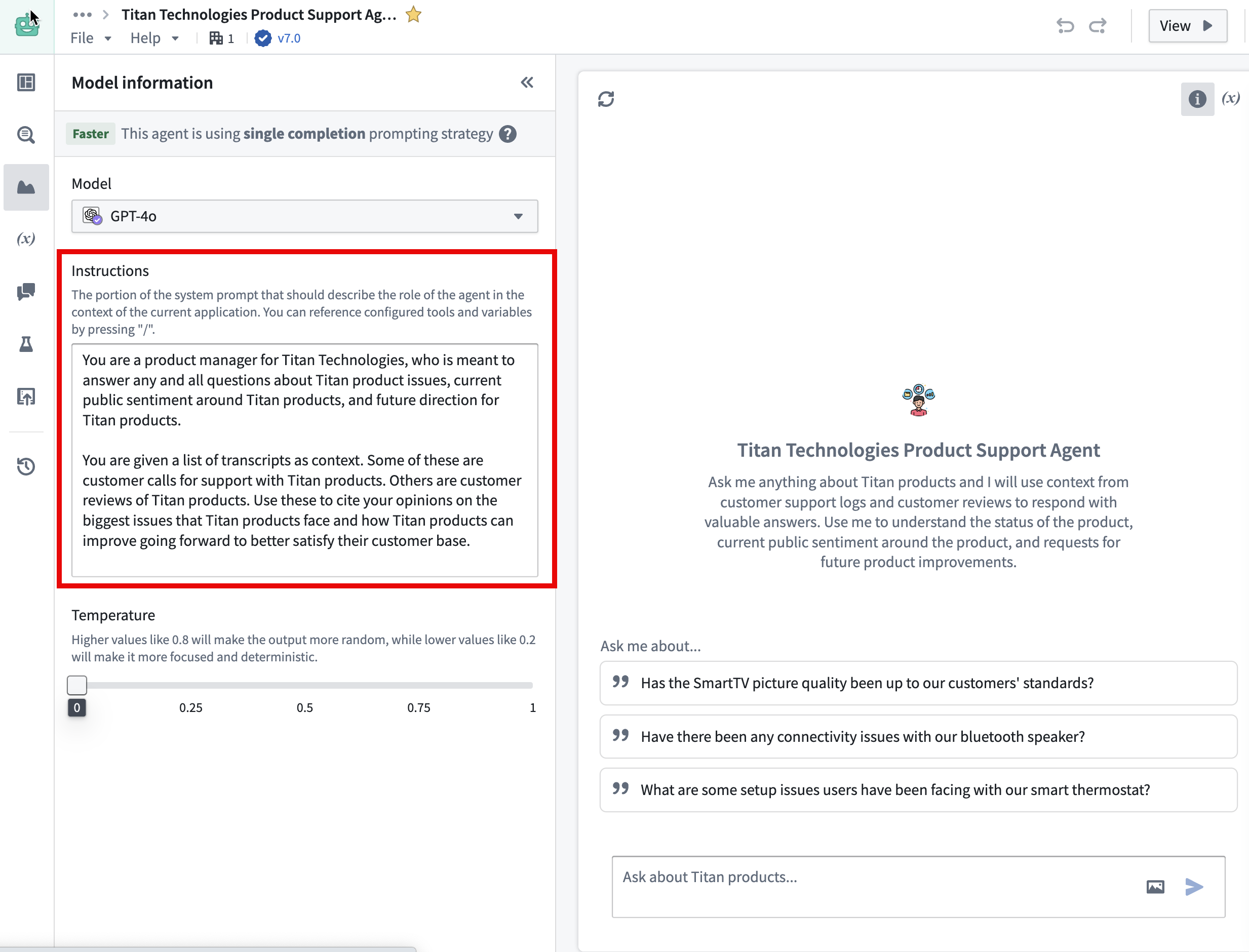 AIP Chatbot Studio edit view, highlighting option to change the system prompt.