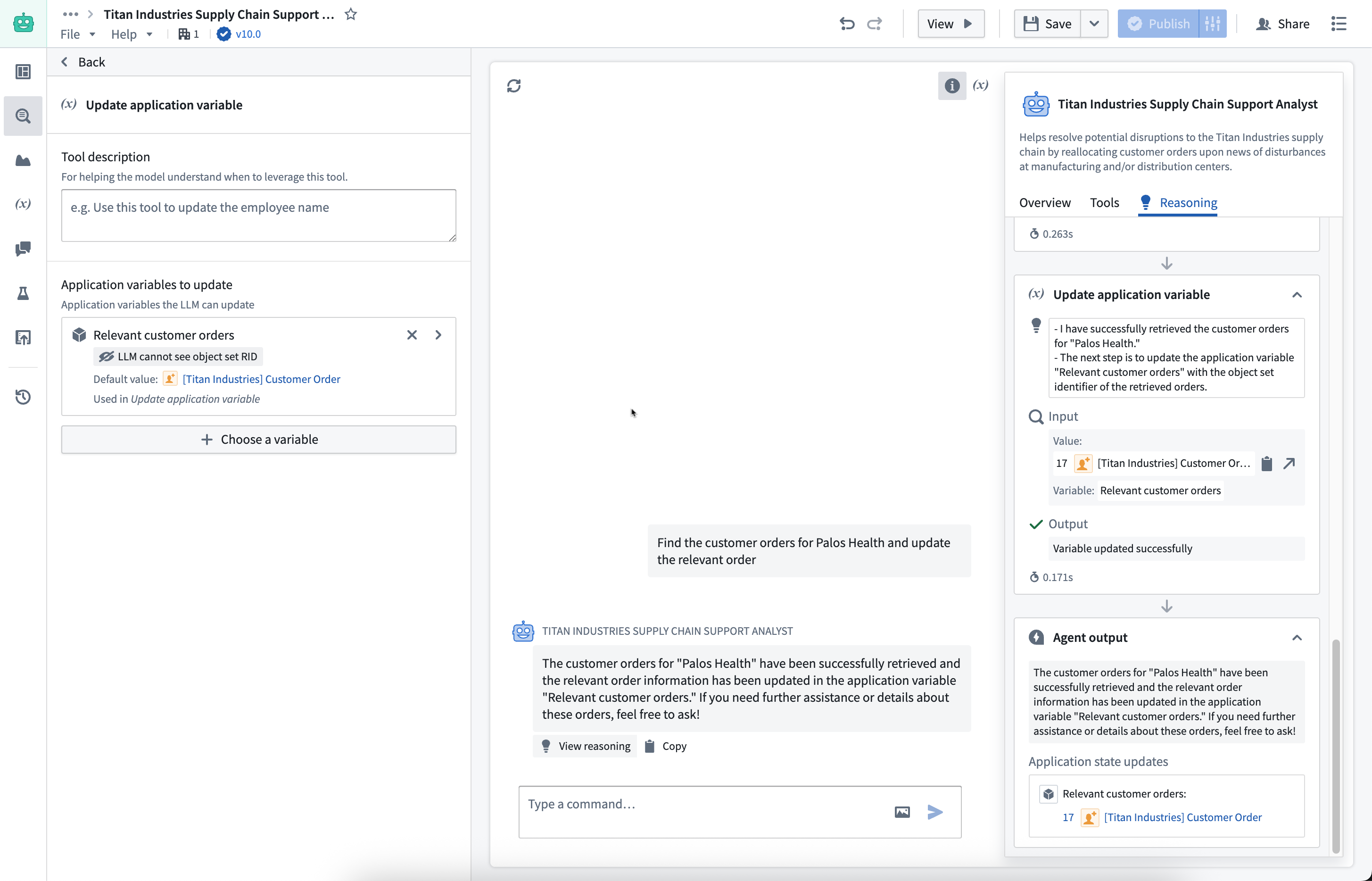 Configure an AIP Chatbot's Update application variable tool.