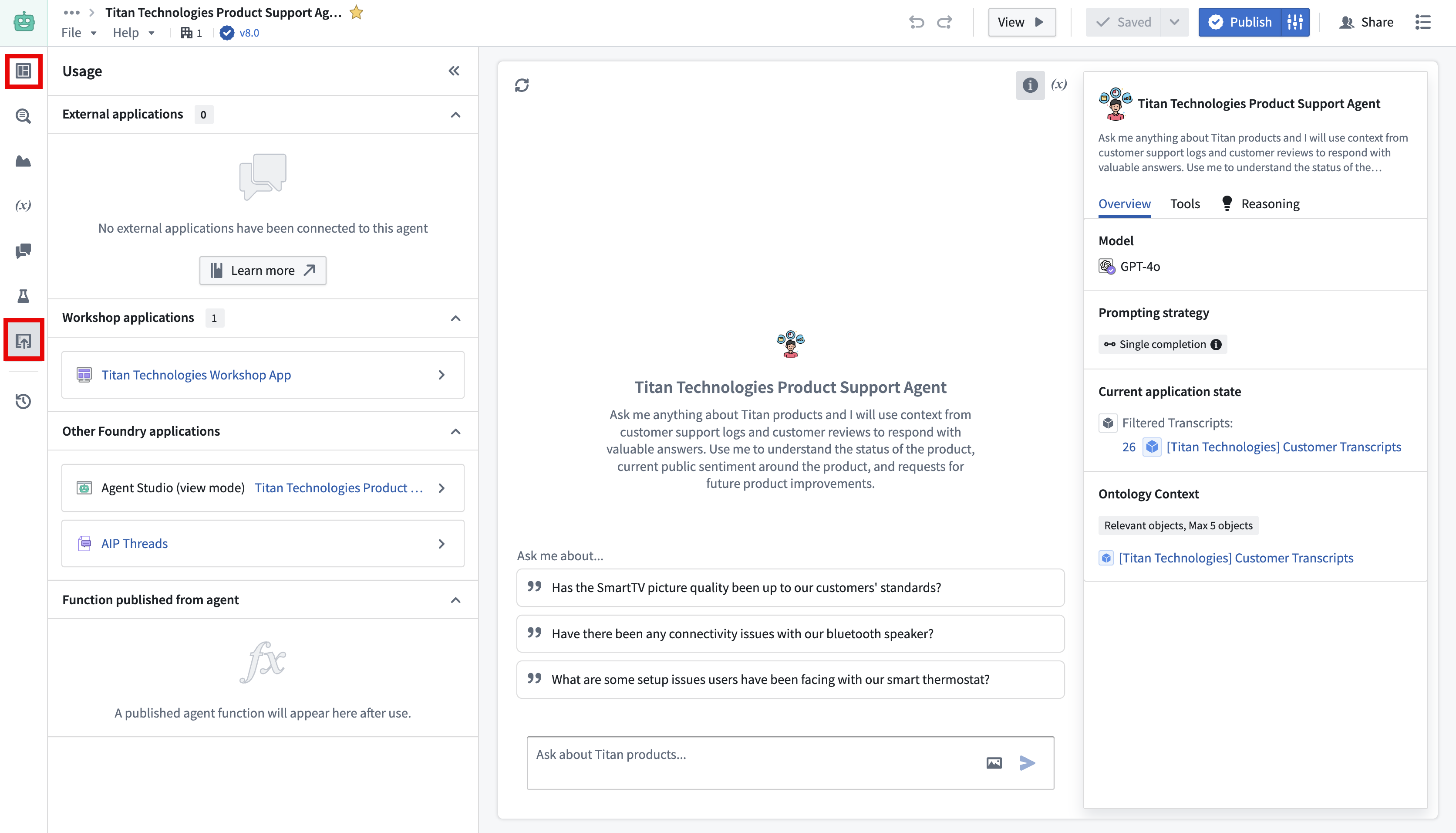 AIP Chatbot Studio edit mode usage tab.