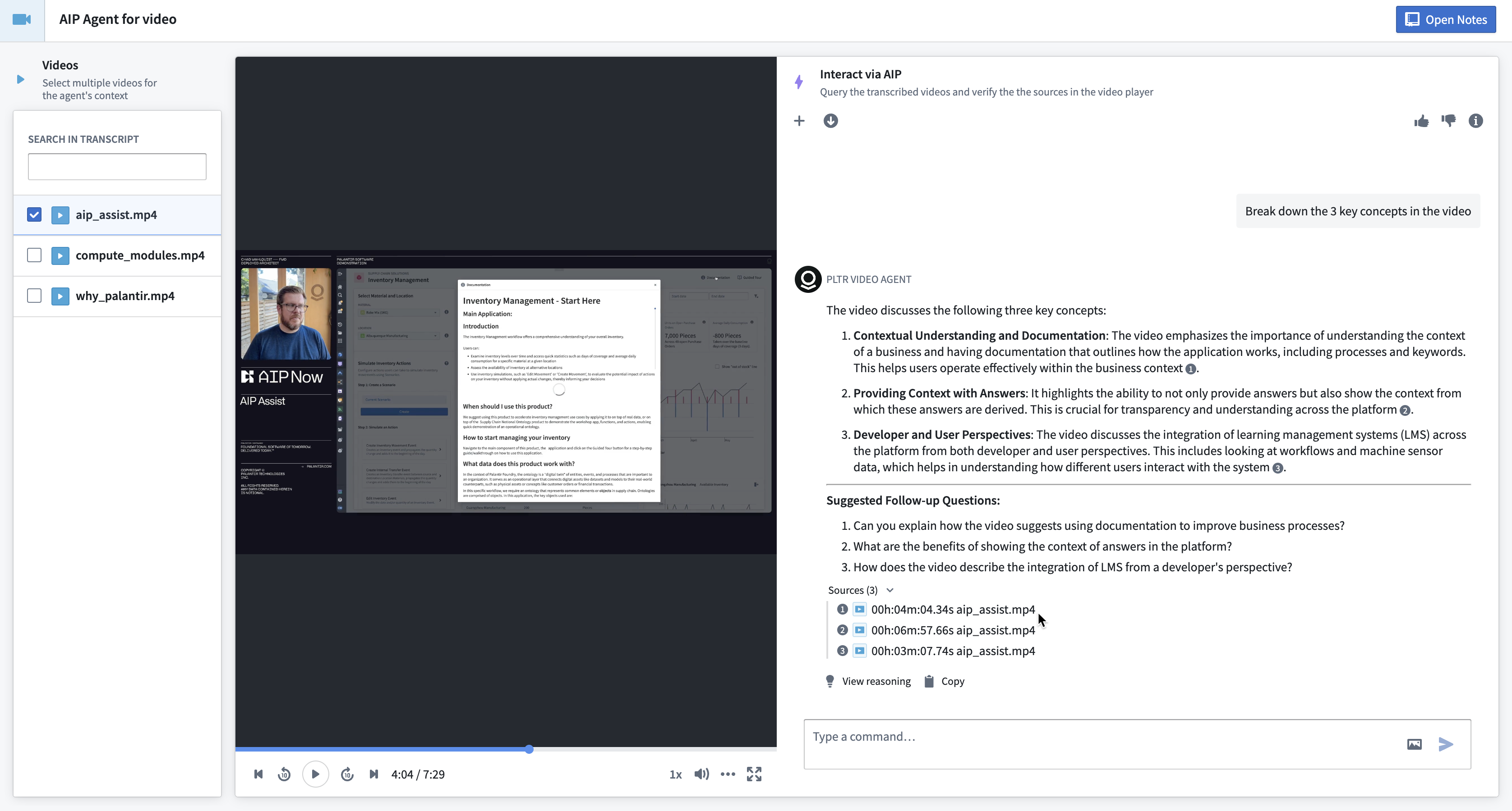 A screenshot of the AIP Chatbot described above deployed in a Workshop application.