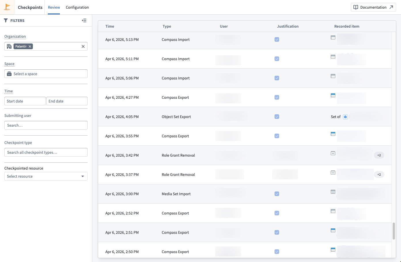 Screenshot of the Review tab in the Checkpoints application.