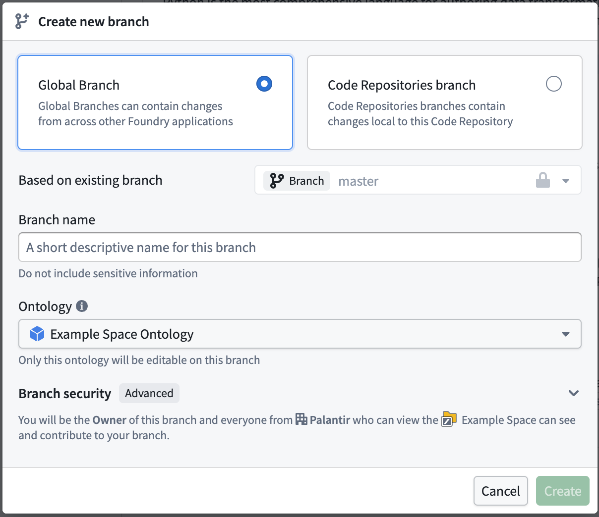 Branch creation dialog in Code Repositories showing a choice between Global and Code Repositories branches.