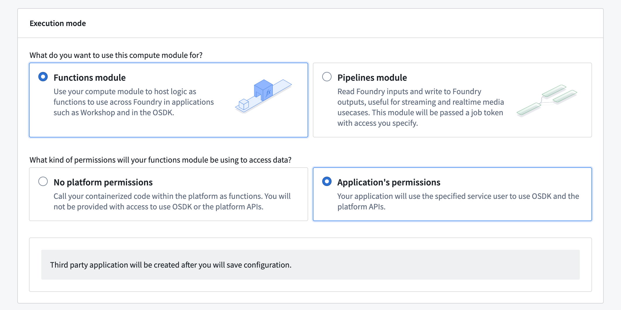 The execution mode configuration panel with Application permissions selected.
