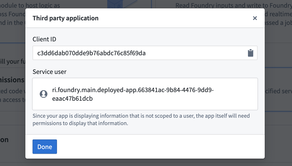 The client ID and service user name displayed after saving the configuration.