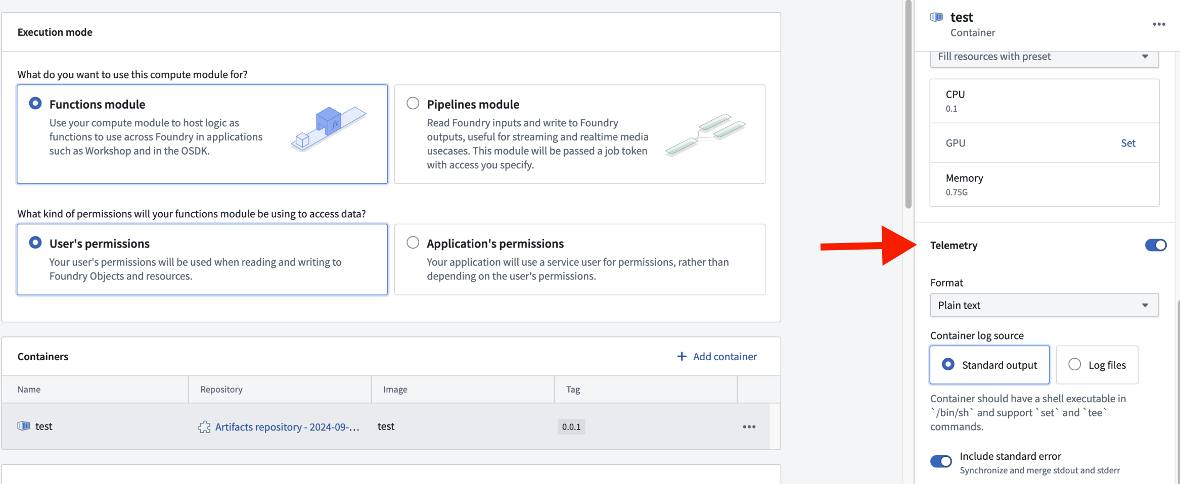 The logging configuration panel for a container showing format and source options.