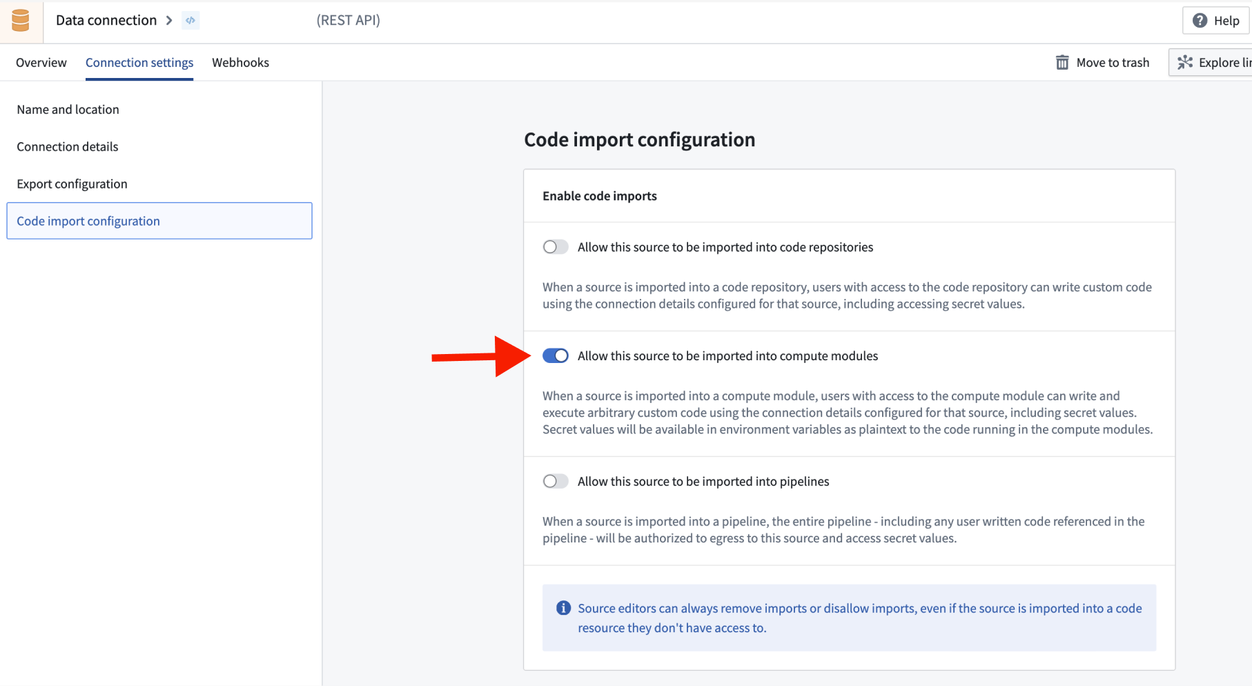 The Code import configuration tab with the option to allow import into compute modules.