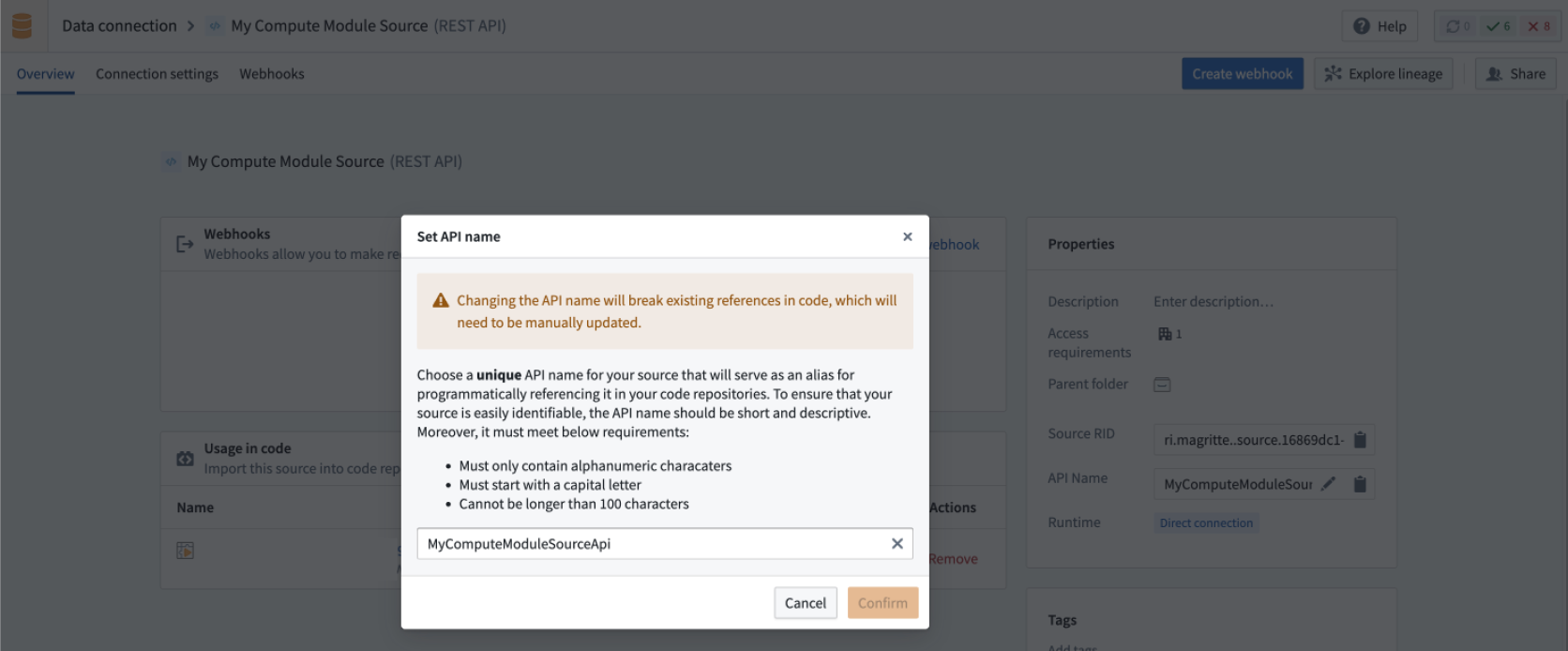 The API name configuration field in the Data Connection source settings.