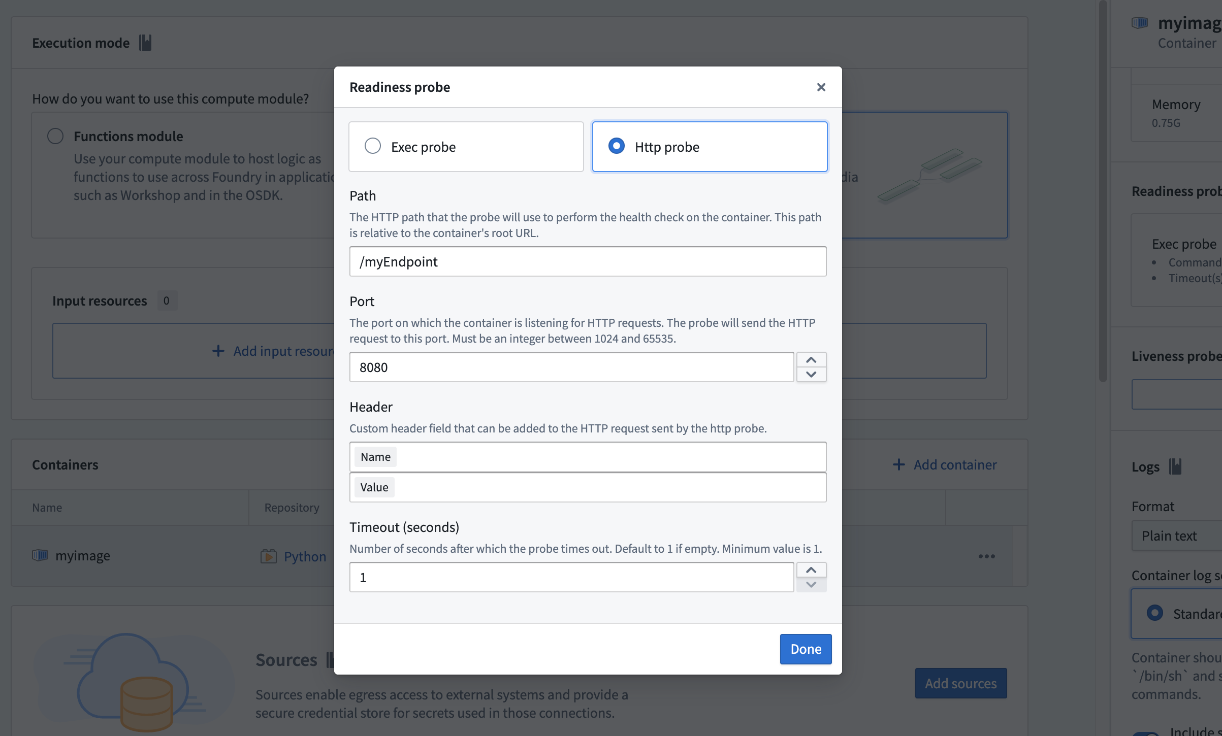 The HTTP probe configuration dialog with path, port, header, and timeout fields.