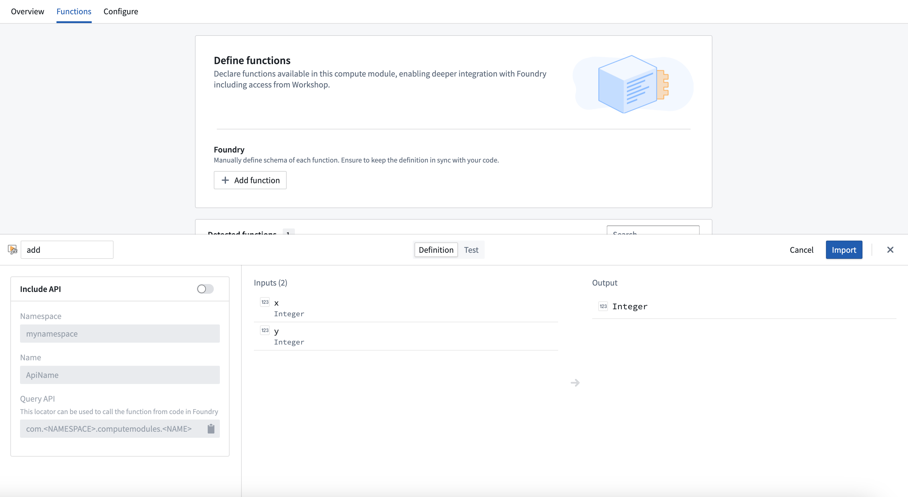 The import function dialog for registering a detected function.