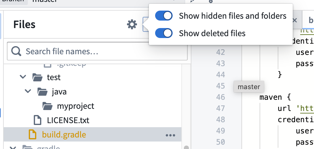 The hidden files toggle in a Java Code Repository for accessing the build.gradle file.