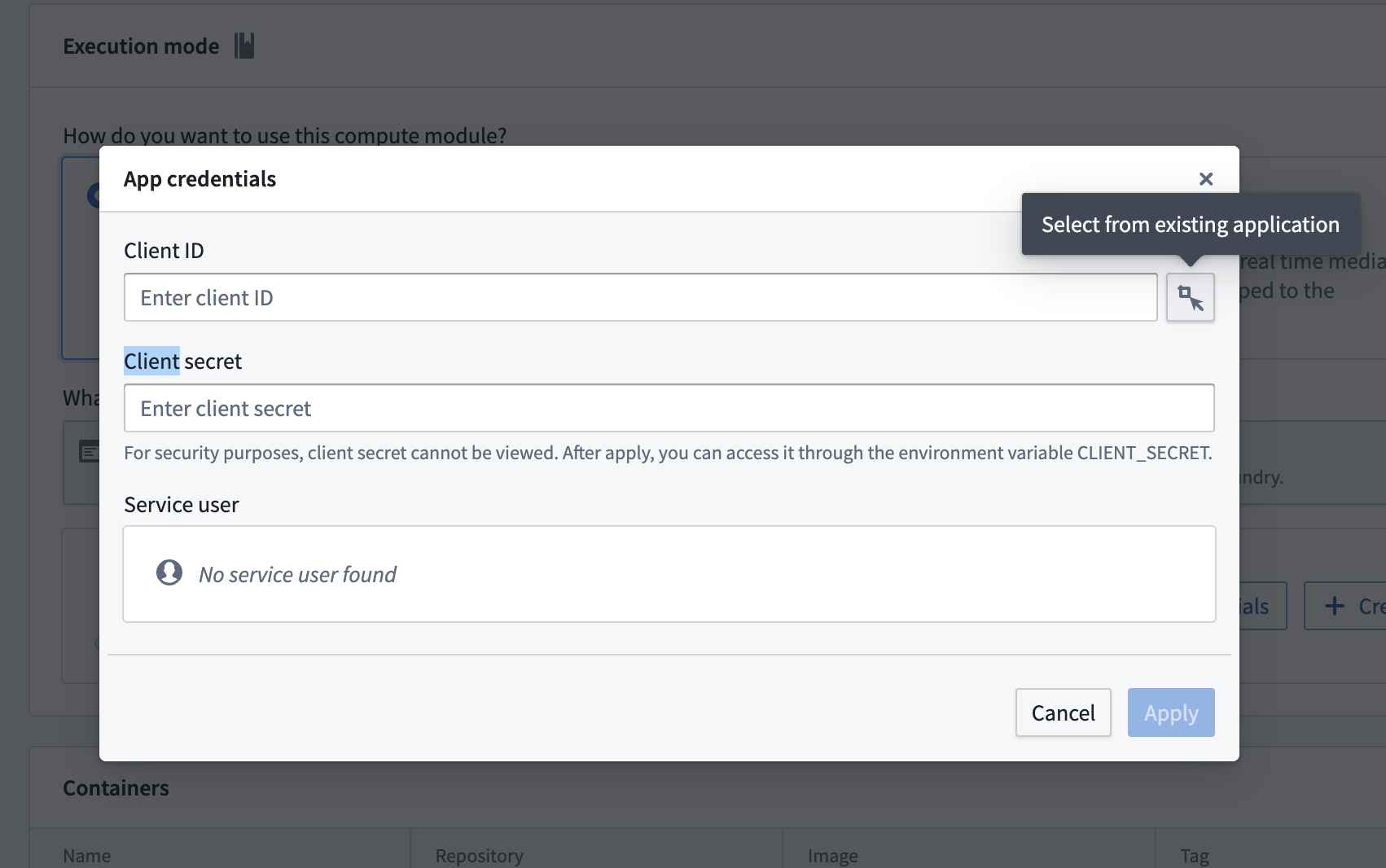 The application credentials configuration panel with client ID and client secret fields.