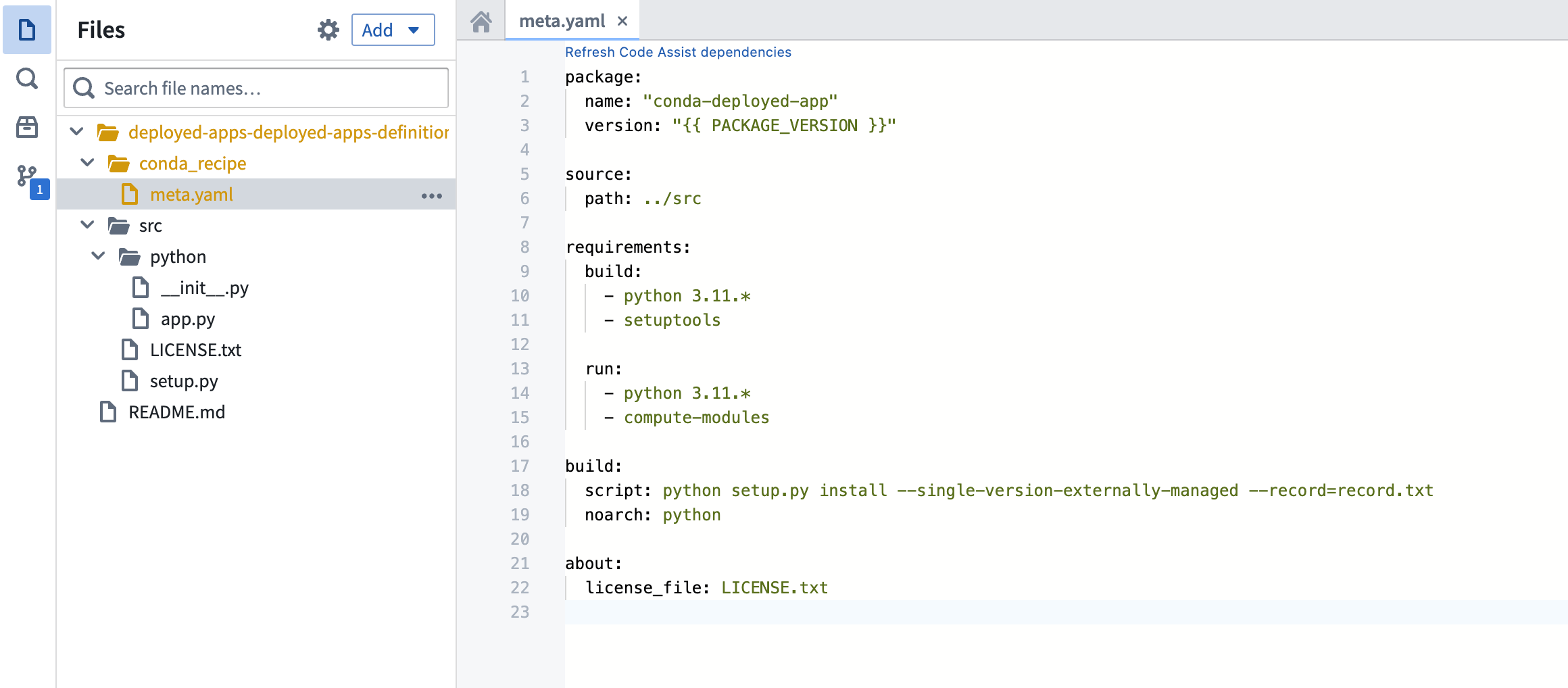 The meta.yaml configuration file showing Python library dependency declarations.