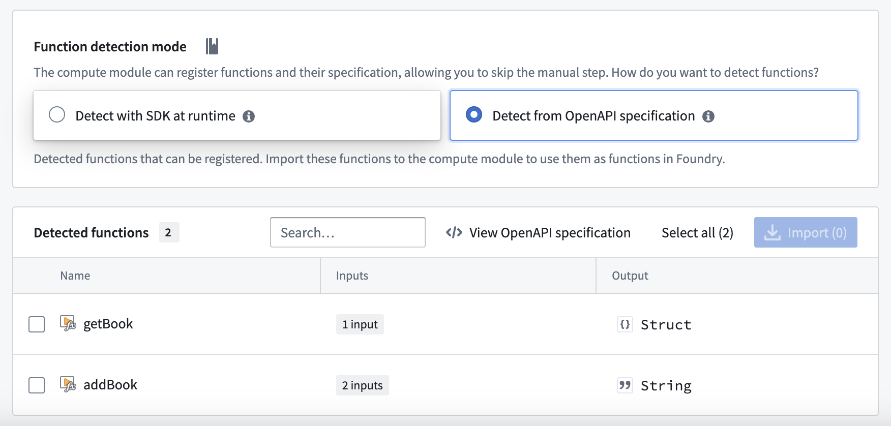 Functions get automatically parsed and detected from the specification
