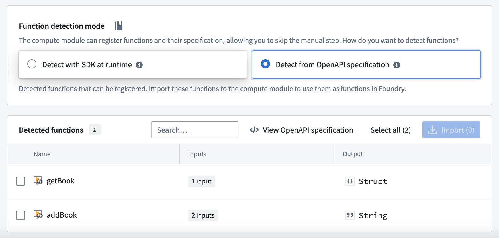 The function detection interface showing functions parsed from the OpenAPI specification.