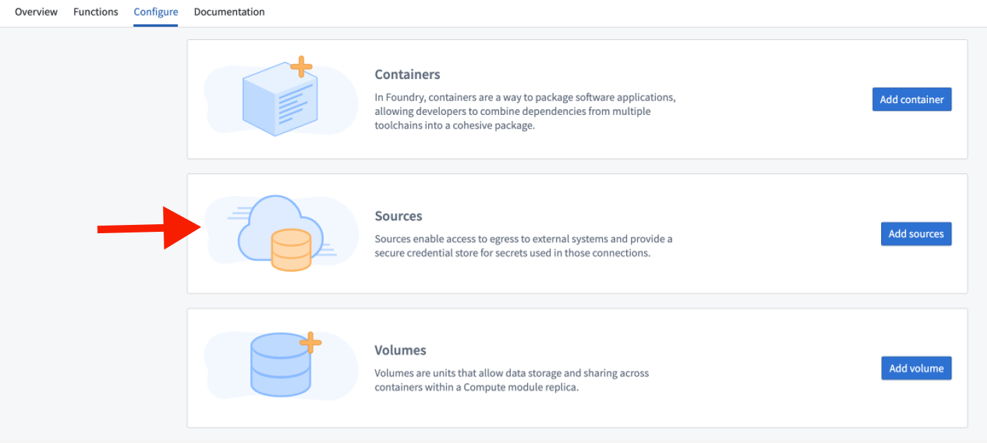 The sources configuration page in the compute module settings.