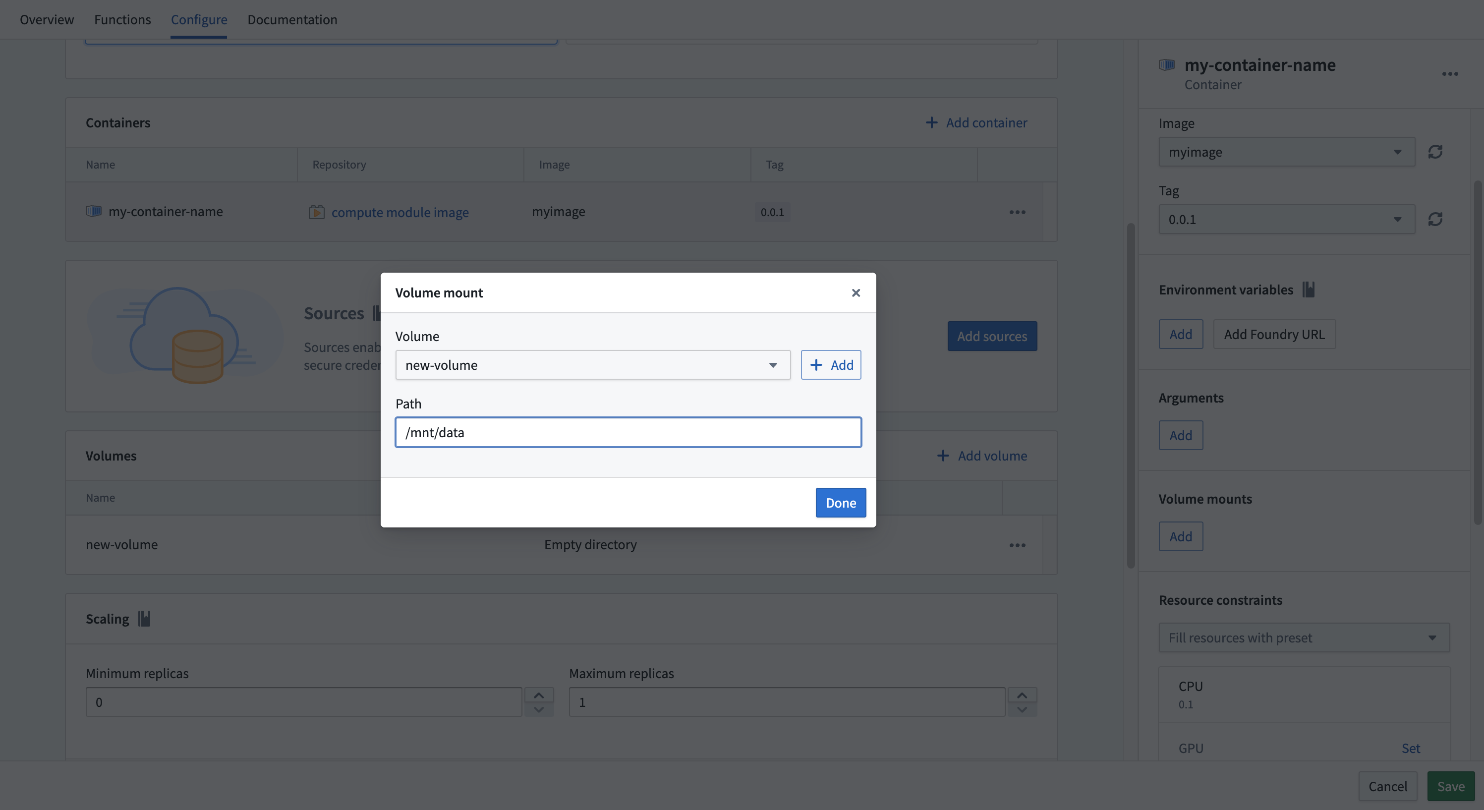 The volume mount configuration showing the mount path input field.