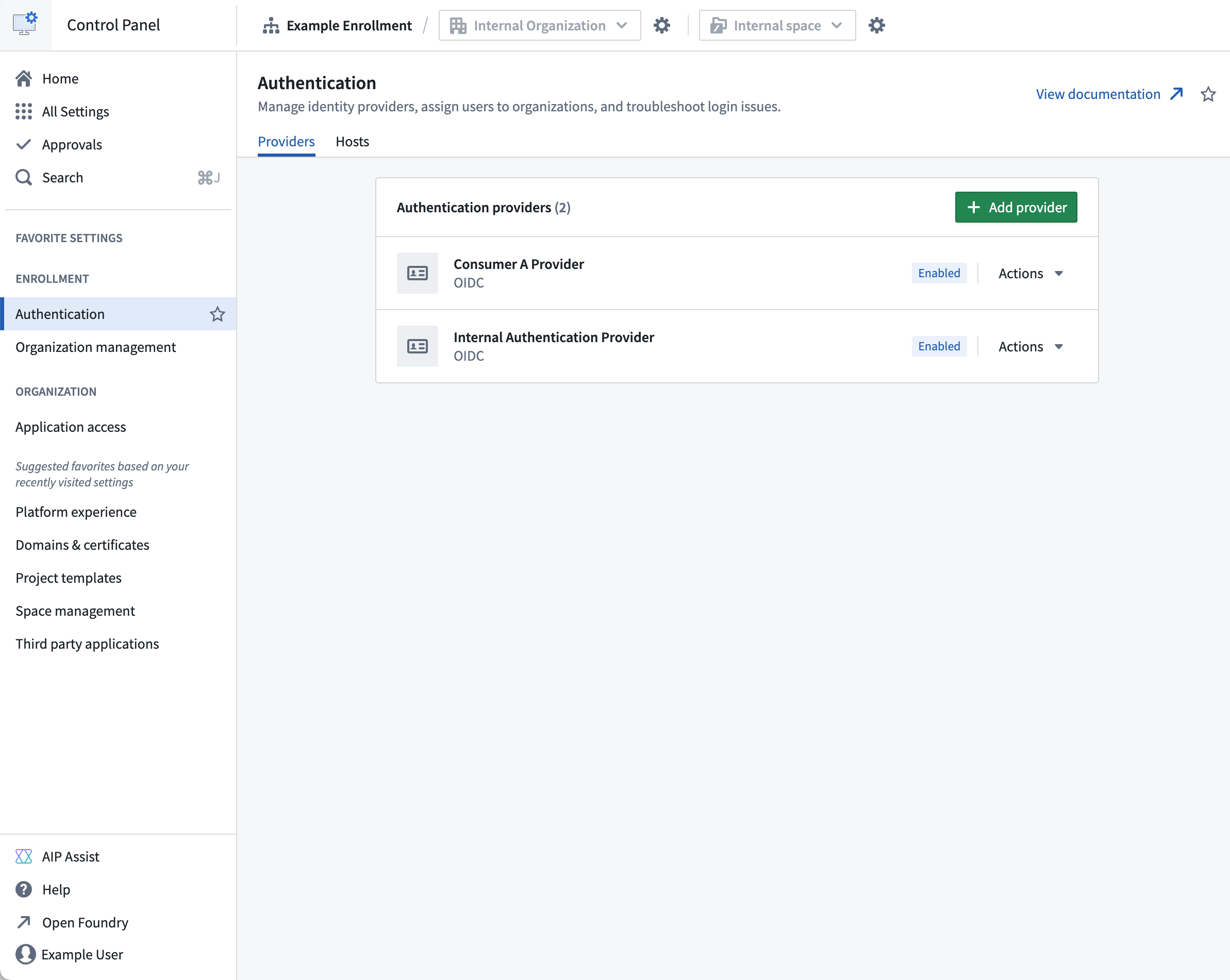 The providers tab within the Authentication extension.
