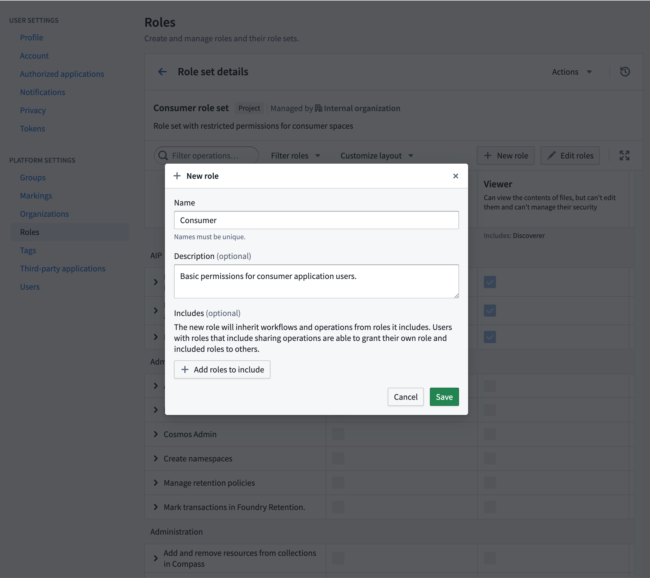 The new role dialog with proposed consumer role defaults.