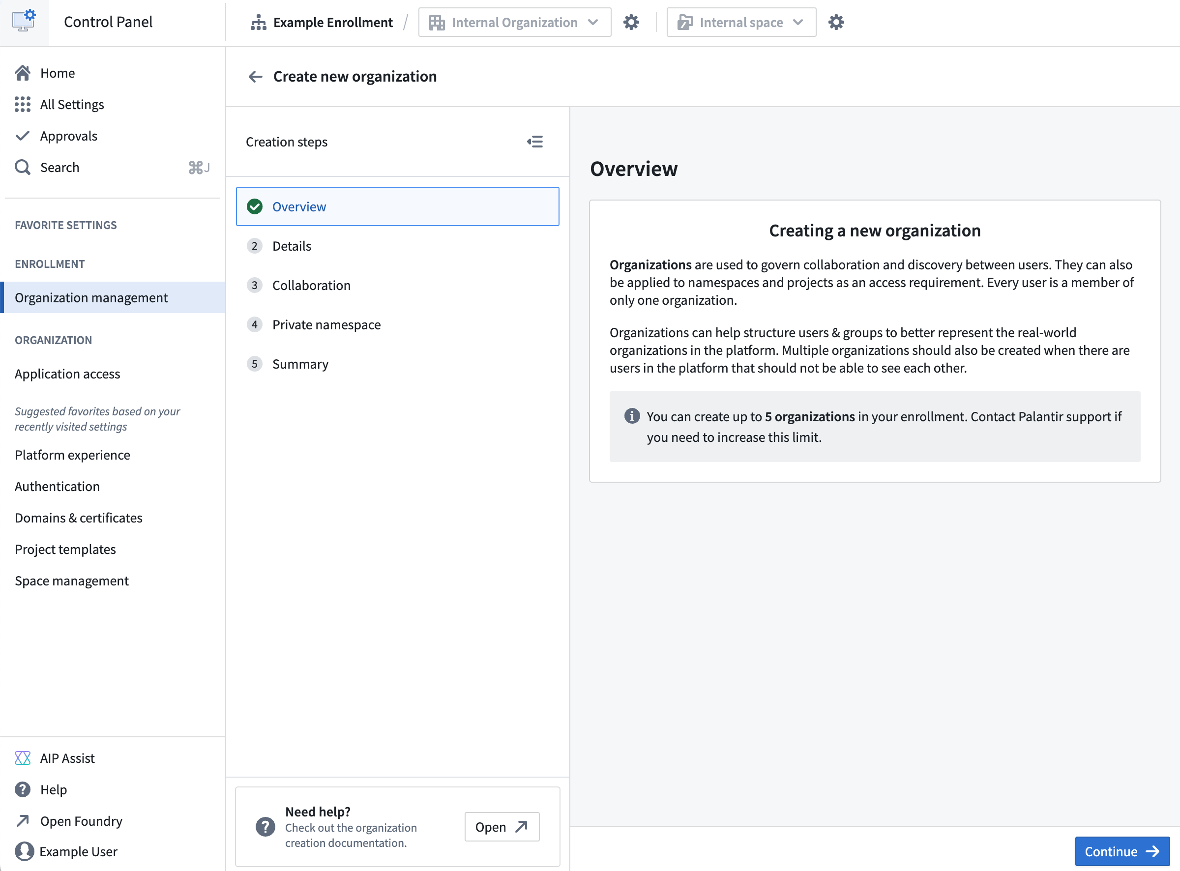 The Organization management extension showing the first step within the create organization helper.