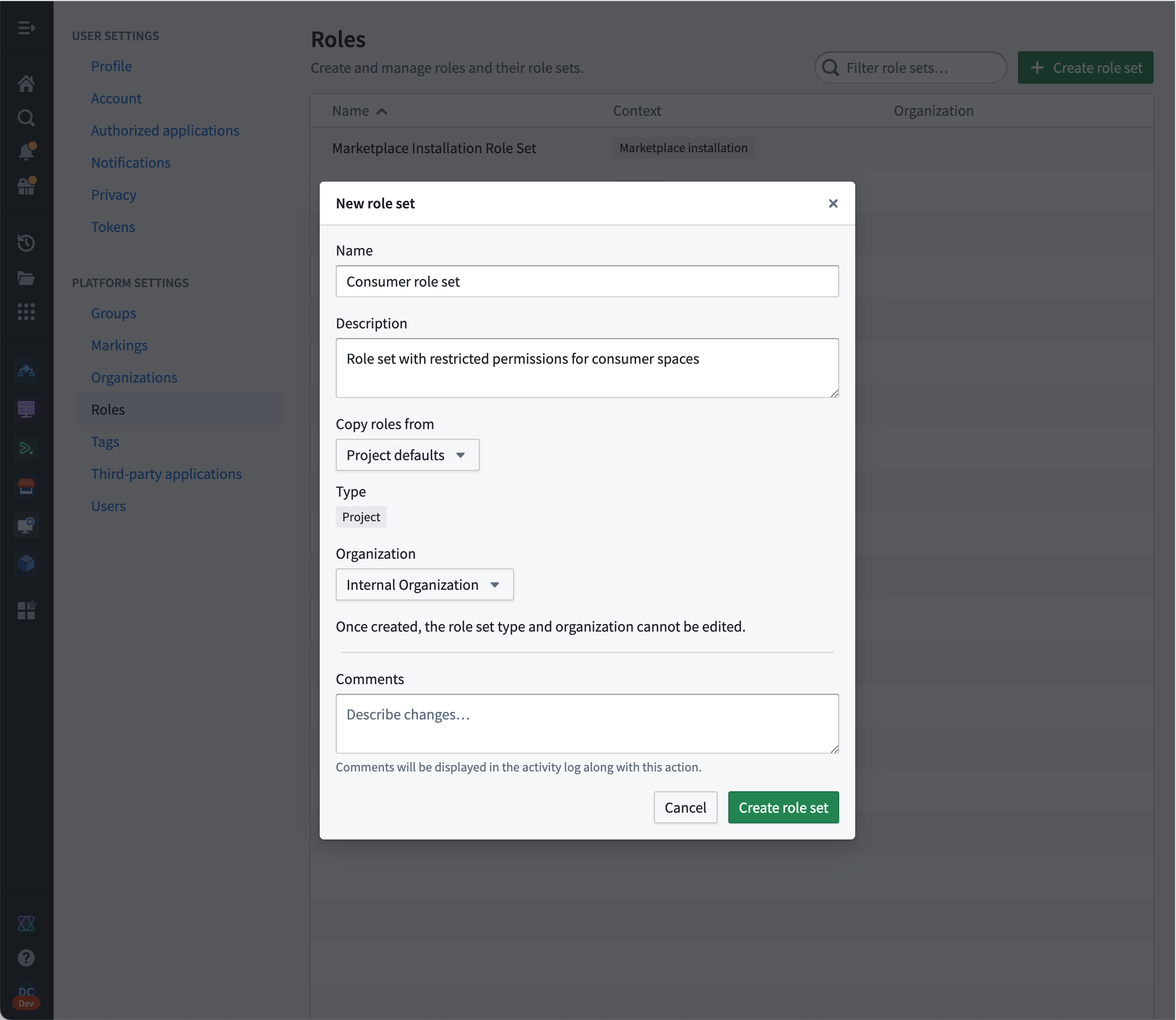 The create role set dialog in Platform settings with proposed consumer defaults.
