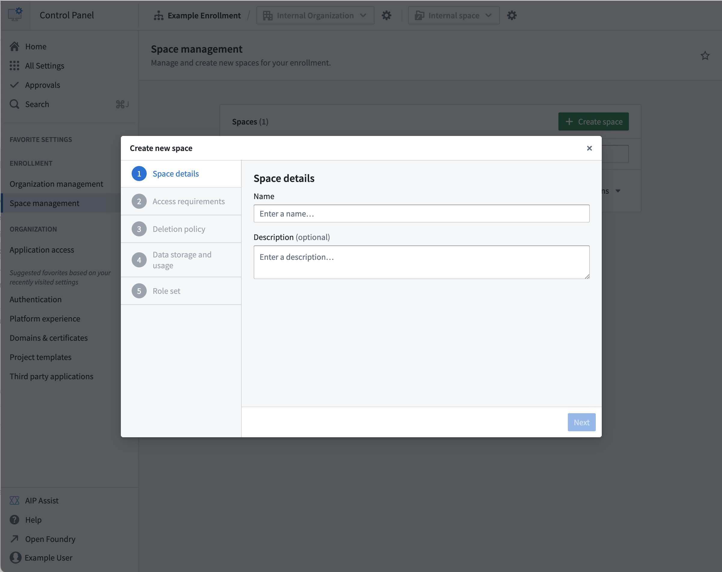 The create space dialog within the Space management extension.