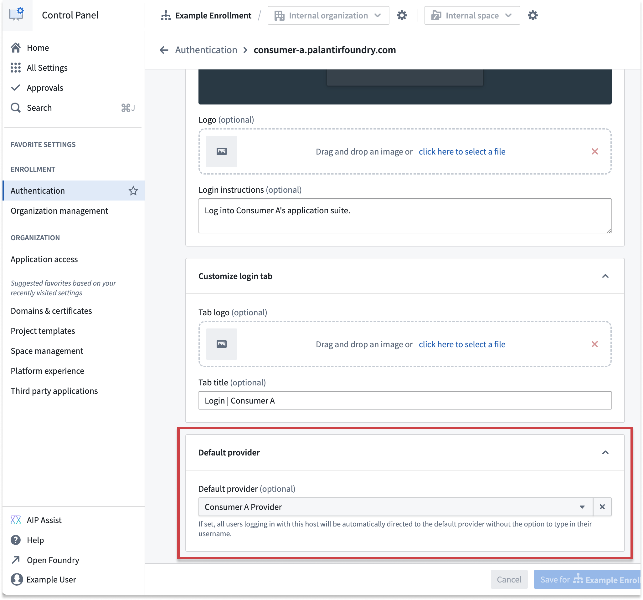 The Default provider setting for a host within the hosts tab in the Authentication extension.
